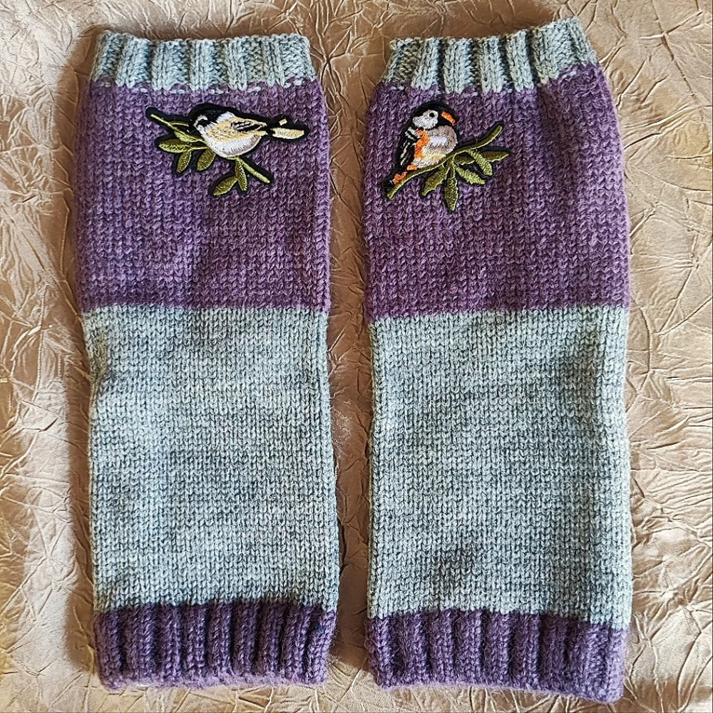 Fingerless Gloves Thumb Holes Purple Gray Grey Embroidered Birds Mittens NEW